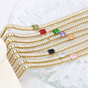 Luxury Stainless Steel Colored Zirconia Necklace And Bracelet For Women Gold Plated Baguette Cut Elegant Party Jewelry