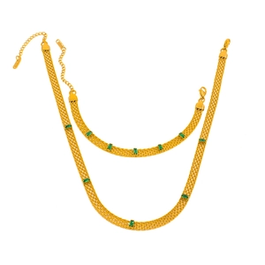 Luxurious gold mesh chain jewelry set with emerald green zircon stones necklace and bracelet
