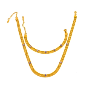 Flat gold-plated mesh jewelry set with purple zircon gemstones including necklace and bracelet