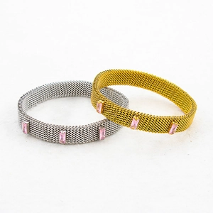 Stretchable stainless steel mesh bracelets in gold and silver with pink zircon accents