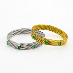 Elastic stainless steel mesh bracelets in gold and silver with inlaid green gemstones