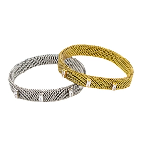 Elastic stainless steel mesh bracelet set in gold and silver with rectangular cubic zirconia
