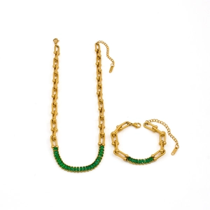 U-shaped gold-plated stainless steel jewelry set with green zircon stones