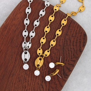 Polished coffee bean link necklaces and stud earrings with white cubic zirconia