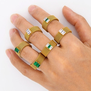 Vintage gold mesh rings set with emerald and white zircon rectangular stones