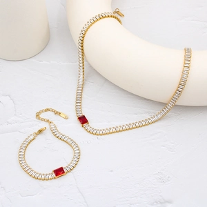 18K gold plated titanium steel jewelry set with red zircon necklace and matching bracelet