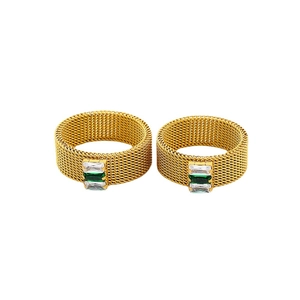 Vintage mesh gold titanium steel ring with emerald green and white cubic zirconia