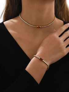 Elegant 18K gold plated titanium jewelry set with amber gemstones and zircon accents