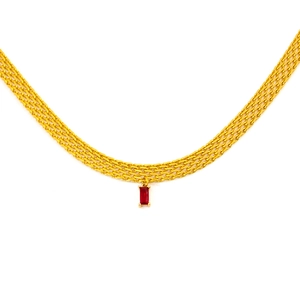 Collier multi-rangs doré à mailles serpent plates avec pendentif zircon rouge carré