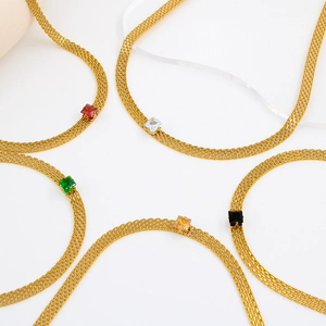 Colliers en maille d'acier inoxydable plaqué or 18K avec zircons carrés colorés