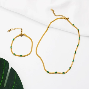 18K gold plated snake chain jewelry set with green zircon stones for women