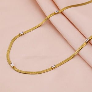 Flat 18K gold plated snake chain necklace featuring five rectangular zircon gemstones