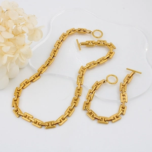 Conjunto de joyas de acero inoxidable dorado con cadena de eslabones H y cierre de barra