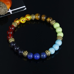 Macro detail of colorful tiger eye and turquoise beaded bracelet with golden spacers