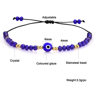 Detail of adjustable blue evil eye bead bracelet with crystal and stainless steel beads