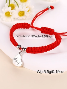 Detail of red woven bracelet with silver Dad heart charm and size specs 5+4cm
