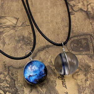 Cosmos theme galaxy pendant necklace with double-sided glass ball and vintage leather cord