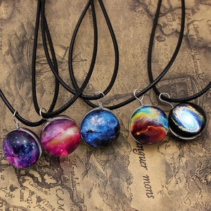 Dreamy Galaxy Nebula Universe Space Time Gem Pendant Necklace Handmade Glass Ball Black Leather Rope Jewelry For Women Gift