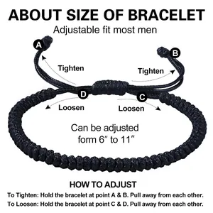 Adjustable black handmade woven knot bracelet size guide from 6 to 11 inches for men