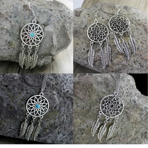 Set de joyas atrapasueños plata vintage con cuentas turquesas y plumas para mujer