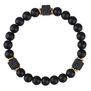 Macro detail of matte black beads and grey porous lava stones with gold spacers