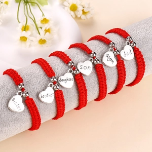 Handwoven Red String Bracelet With Alloy Heart Pendant Engraved Mom Dad Brother Sister Daughter Son Adjustable Family Jewelry
