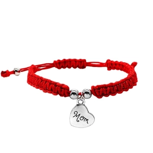 Handmade red braided cord bracelet with a silver heart charm engraved with Mom