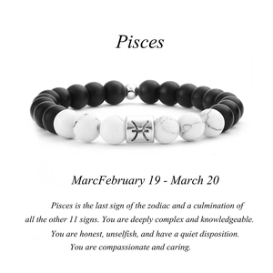 Bracelet zodiaque Poissons avec perles de turquoise mates noires et blanches et breloque