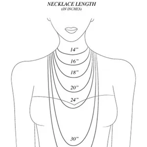 Guide des tailles montrant les longueurs de collier de 14 à 30 pouces sur un mannequin