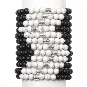 Bracelet en Perles du Zodiaque en Pierre Naturelle Agate Noire Mate Howlite Alliage Signe Astrologique Bracelet Extensible Bijoux de Mode Minimaliste Cadeau Femmes Hommes