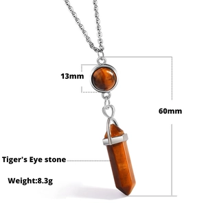 Detail view of 60mm tiger eye pendant necklace showing dimensions and 8.3g weight