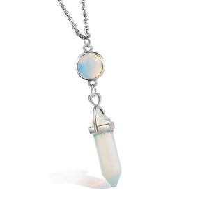 Double pendant necklace featuring a silver chain with opal crystal and hexagonal pillar stone