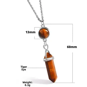 Tiger eye stone hexagonal pillar pendant necklace with 13mm round bead and silver inlay