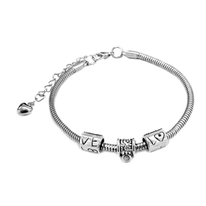 Bracciale snake argento retrò con perline incise LOVE e ciondolo a cuore