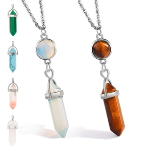 Natural hexagonal crystal pillar pendant necklaces with stainless steel chain for women