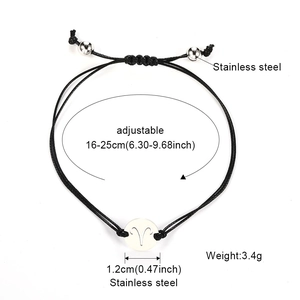Adjustable black cord Aries zodiac bracelet with 1.2cm stainless steel pendant