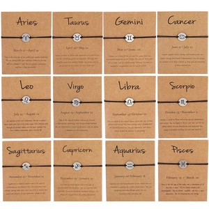 Grid view of 12 constellation woven rope bracelets with engraved zodiac charms