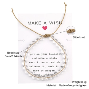 Bracciale intrecciato a mano con perle in vetro riciclato da 6mm e nodo scorrevole regolabile