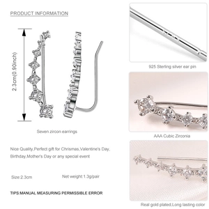 Detalle de pendientes trepadores de plata 925 con siete circonitas AAA y dimensiones