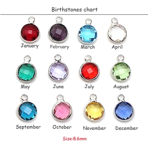 Set of 12 birthstone crystal charms in silver frames, 8.6mm round faceted pendants