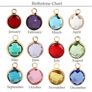 Birthstone chart featuring 12 faceted round crystal pendants with gold plated edges