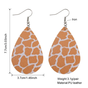 Lightweight teardrop PU leather earrings featuring giraffe pattern with metal hooks