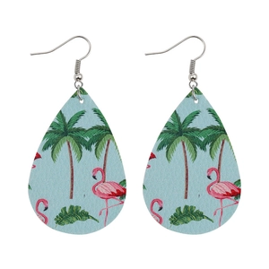 Waterdrop faux leather earrings with pink flamingo and tropical palm tree pattern