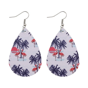 Close-up of teardrop faux leather earrings with flamingo and palm tree tropical print