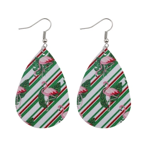 Detail of teardrop earrings with tropical flamingo and green palm leaf patterns