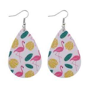 Close-up of teardrop faux leather earrings with pink flamingo and tropical leaf patterns