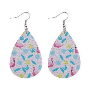 Detail of teardrop PU leather earrings with pink flamingo and tropical leaf patterns