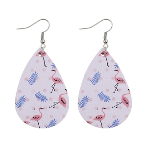 Detail of teardrop PU leather earrings with pink flamingo and palm leaf print pattern