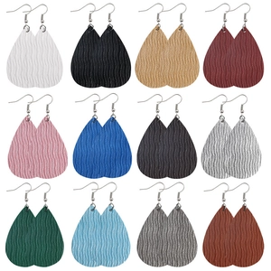 Set of 12 multi-color teardrop faux leather earrings with wavy texture and silver hooks