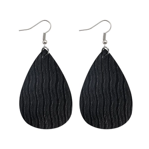 Close-up of black teardrop earrings featuring a vertical ripple leather texture and silver hooks